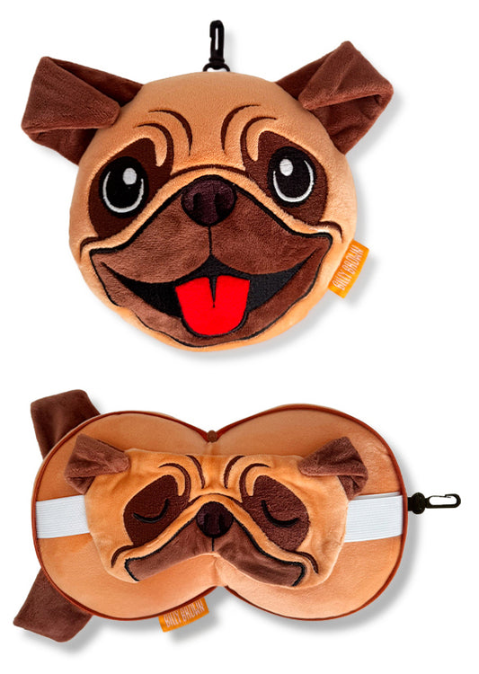 ZooNap Puggy Pug - Reiskussen met slaapmasker - Geschikt vanaf 3 jaar - Bruin