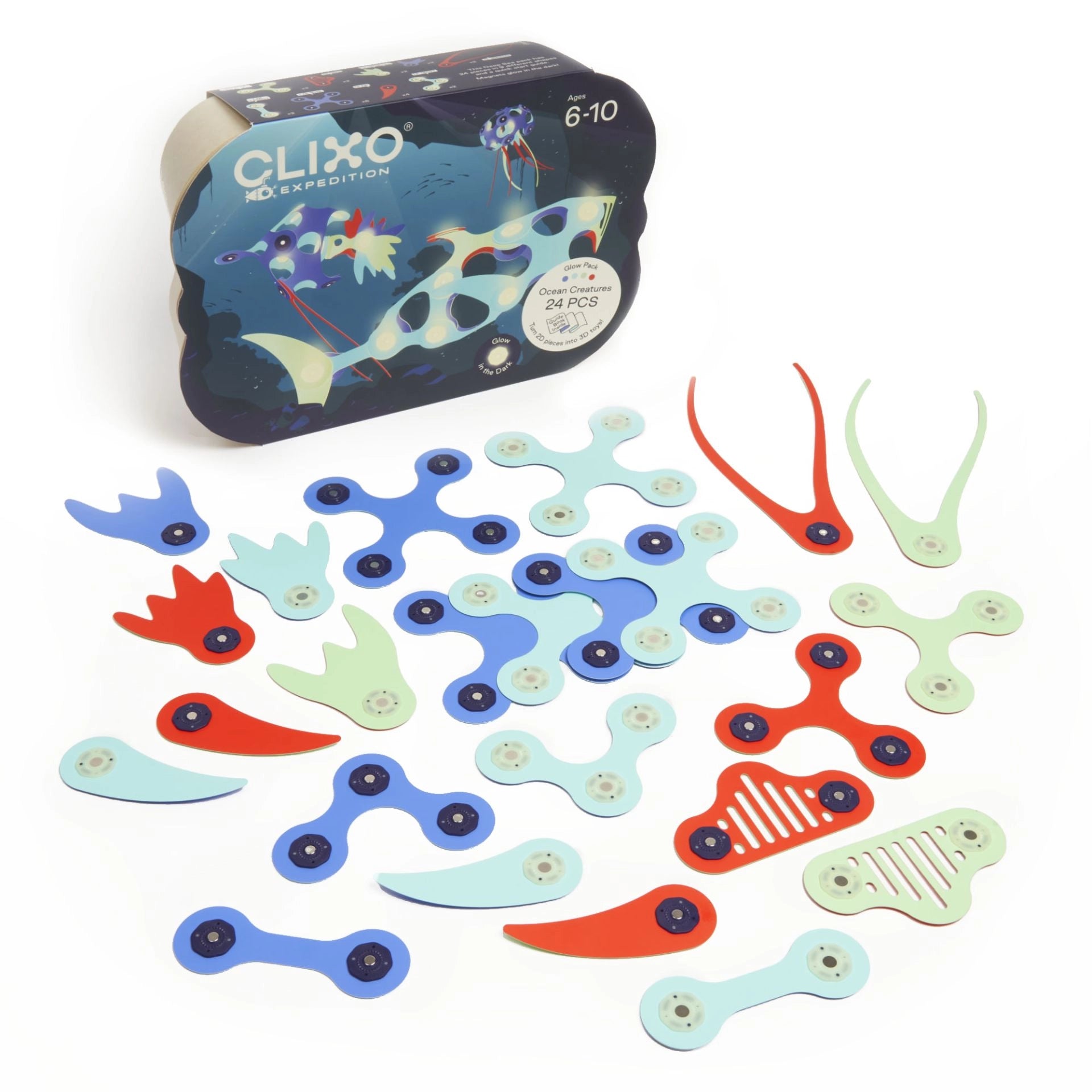 Clixo ocean creatures magnetische bouwset 24 st., lichtgevend in het donker