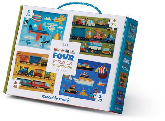 Crocodile Creek vier puzzels - thema Voertuigen (24, 36 , 48 en 72 stukjes)