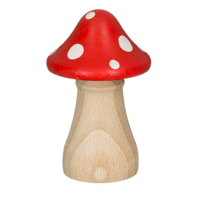 Houten figuur paddenstoel rood met witte stippen