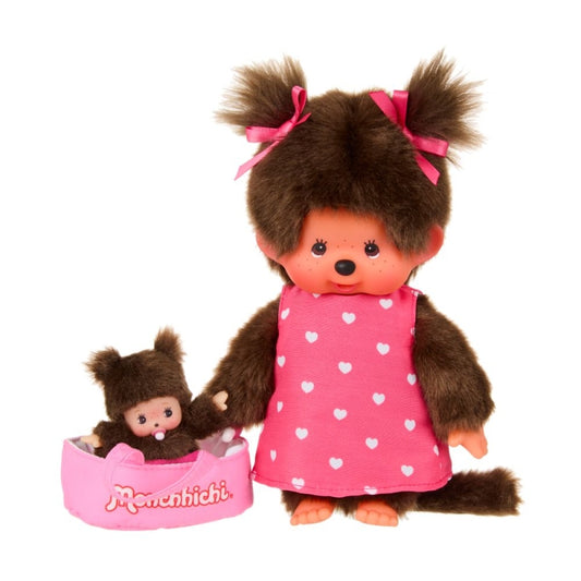 Monchhichi (20 cm) met MiniBebichhichi in draagmandje